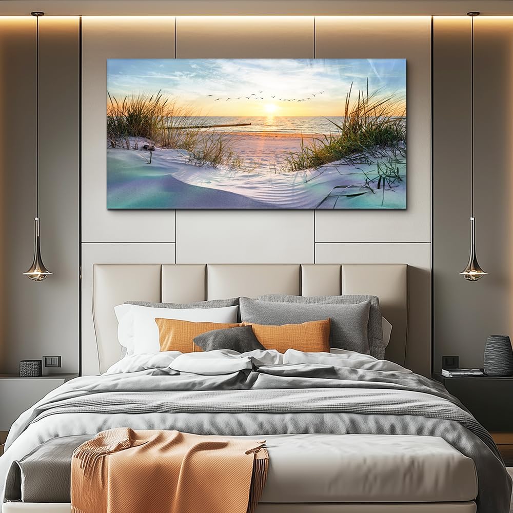Large canvas wall print featuring coastal seascape landscape in cool blue tones, modern ocean beach artwork for living room decor — view 4