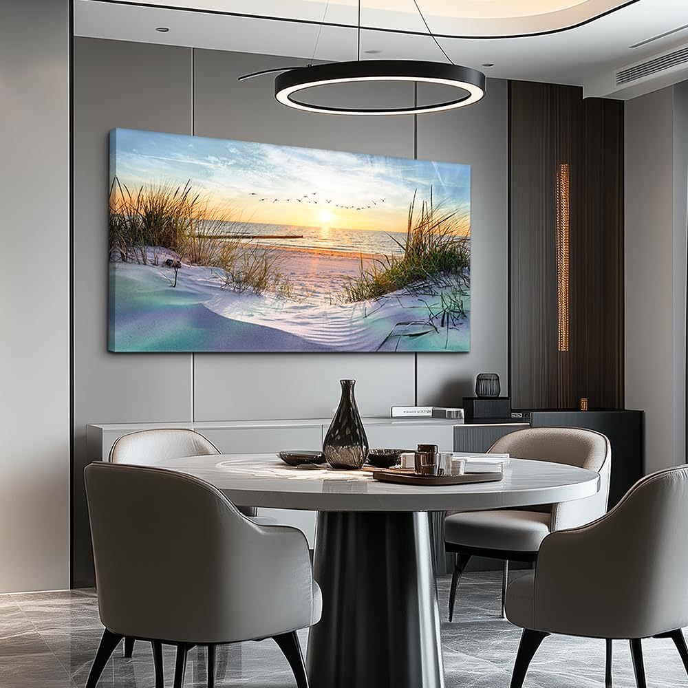 Large canvas wall print featuring coastal seascape landscape in cool blue tones, modern ocean beach artwork for living room decor — view 2