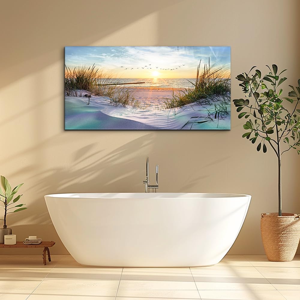 Large canvas wall print featuring coastal seascape landscape in cool blue tones, modern ocean beach artwork for living room decor — view 3