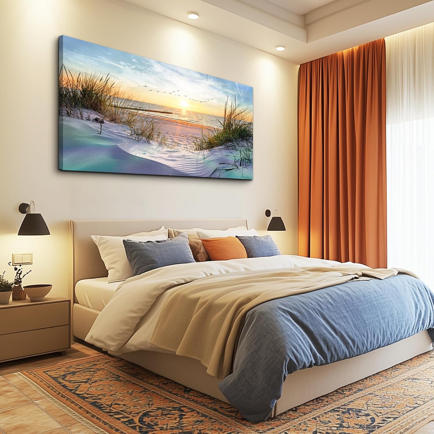 Large canvas wall print featuring coastal seascape landscape in cool blue tones, modern ocean beach artwork for living room decor — view 4