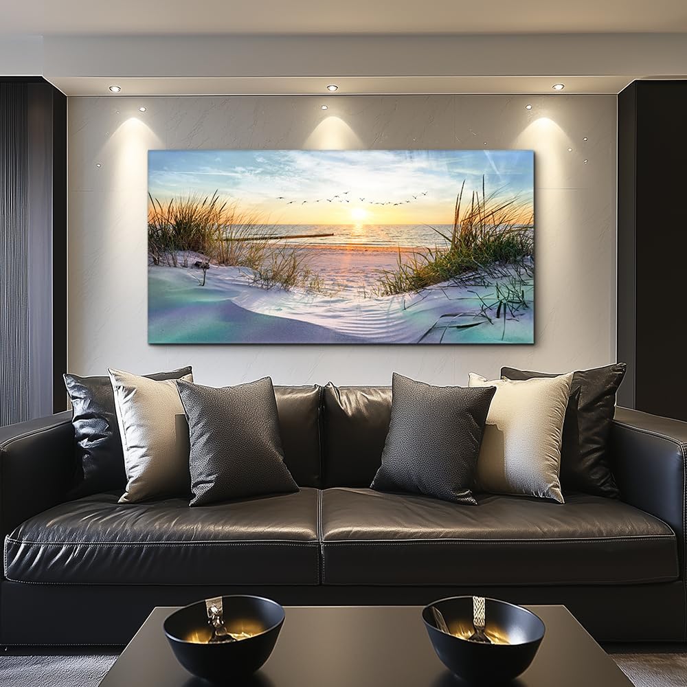 Large canvas wall print featuring coastal seascape landscape in cool blue tones, modern ocean beach artwork for living room decor — view 5