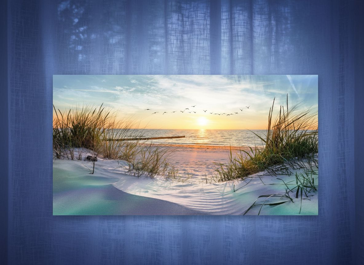 Large canvas wall print featuring coastal seascape landscape in cool blue tones, modern ocean beach artwork for living room decor — hero view 1