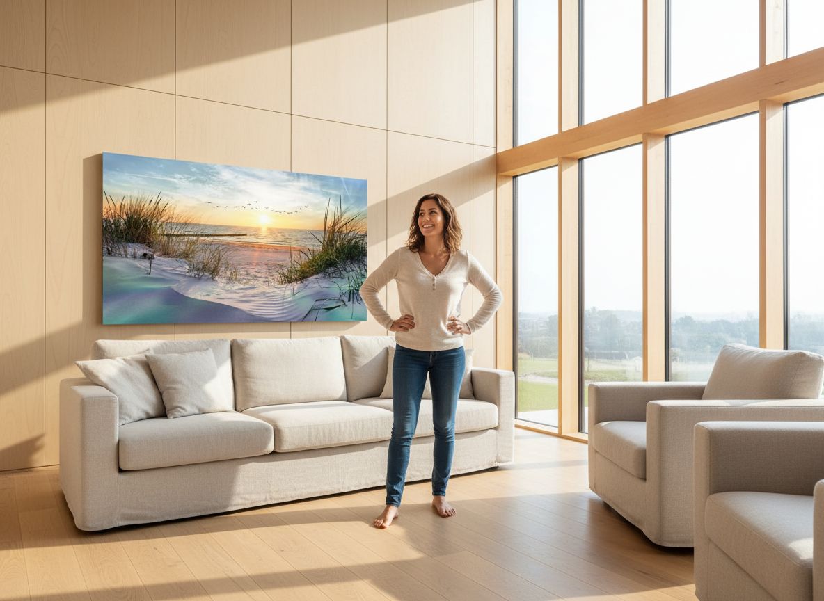 Large canvas wall print featuring coastal seascape landscape in cool blue tones, modern ocean beach artwork for living room decor — view 3b