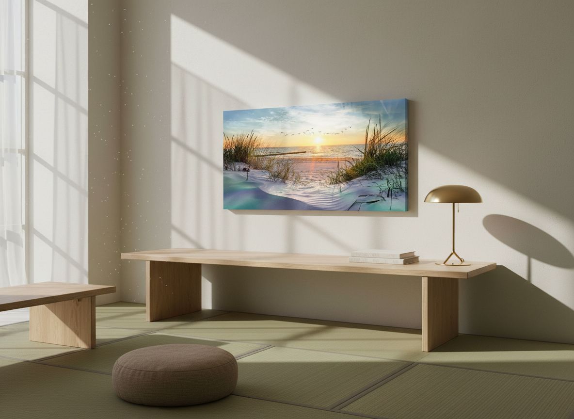 Large canvas wall print featuring coastal seascape landscape in cool blue tones, modern ocean beach artwork for living room decor — view 5b