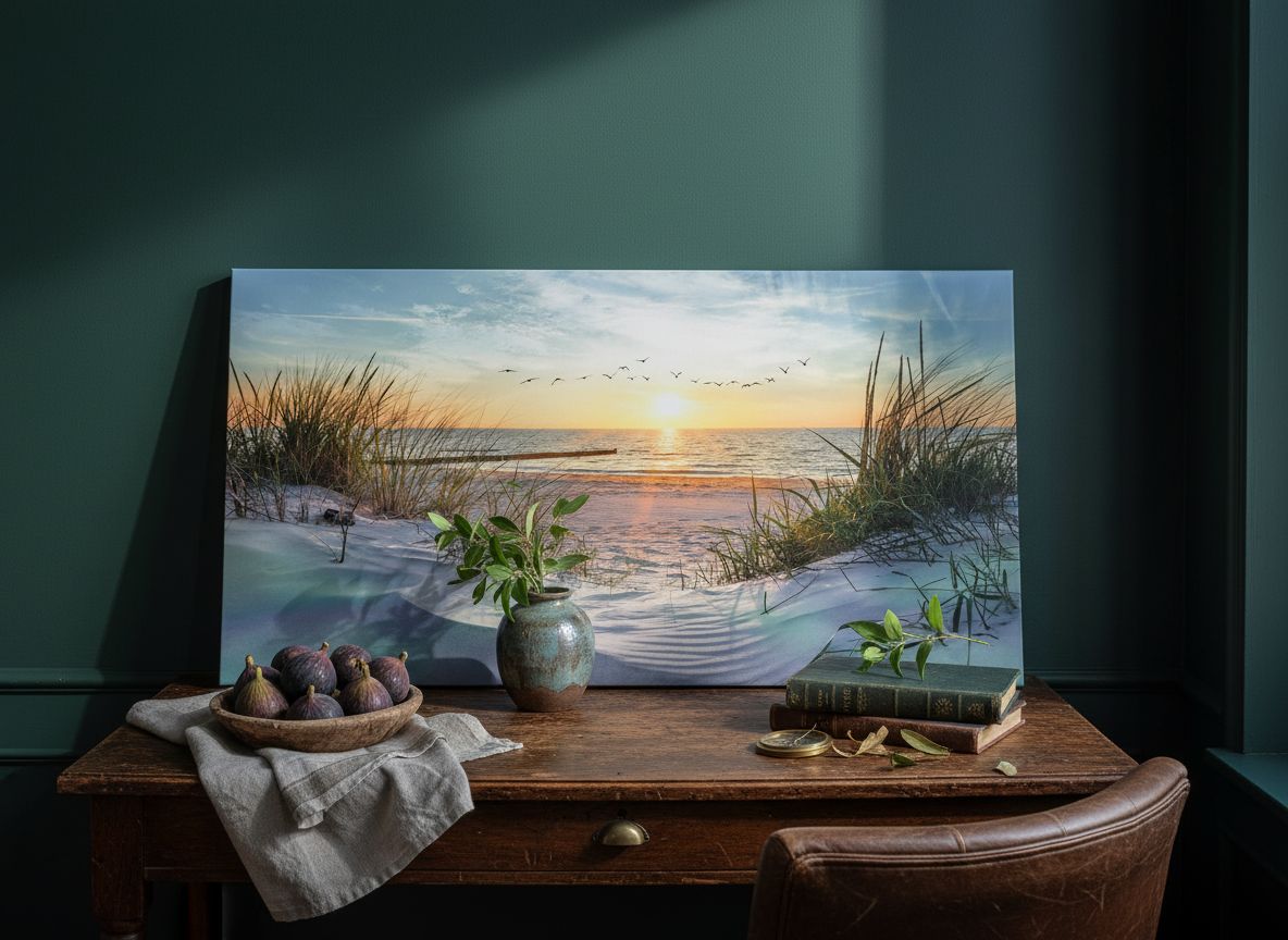 Large canvas wall print featuring coastal seascape landscape in cool blue tones, modern ocean beach artwork for living room decor — view 3a