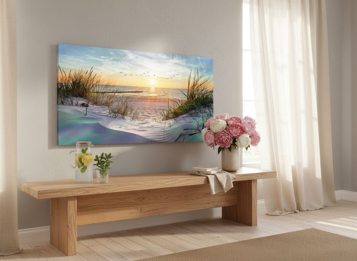 Large canvas wall print featuring coastal seascape landscape in cool blue tones, modern ocean beach artwork for living room decor — view 4