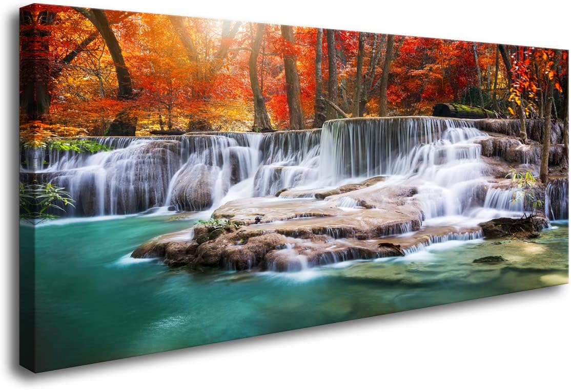 Framed canvas wall print featuring modern forest waterfall landscape with warm earth tones and red accents, ready to hang — view 1