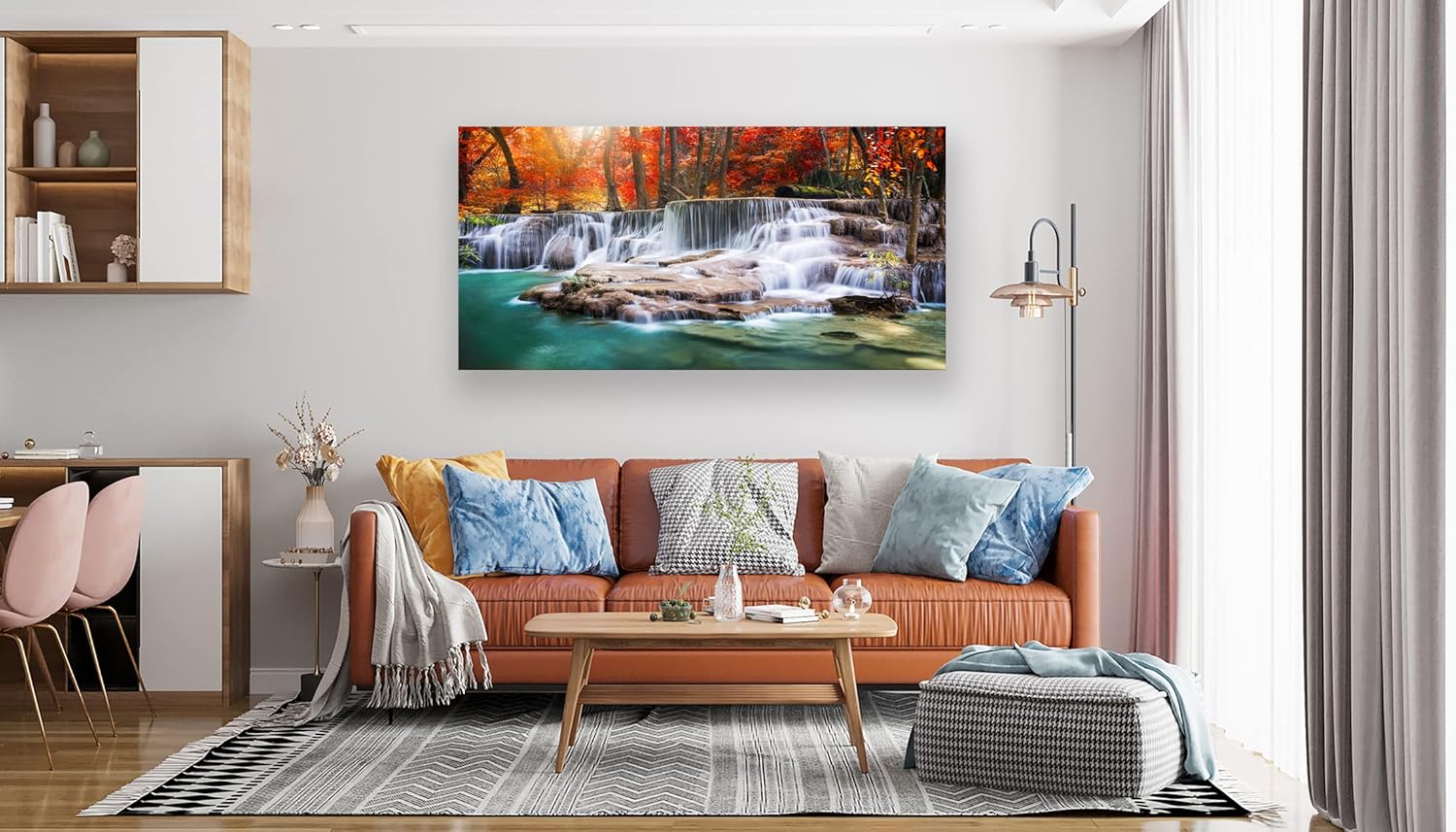 Framed canvas wall print featuring modern forest waterfall landscape with warm earth tones and red accents, ready to hang — view 3