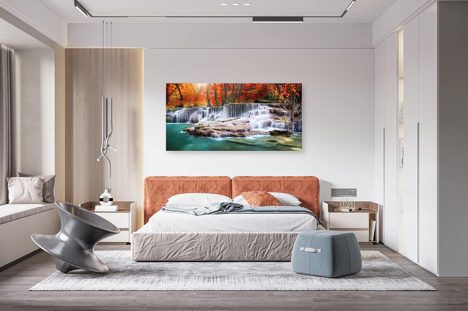 Framed canvas wall print featuring modern forest waterfall landscape with warm earth tones and red accents, ready to hang — view 4