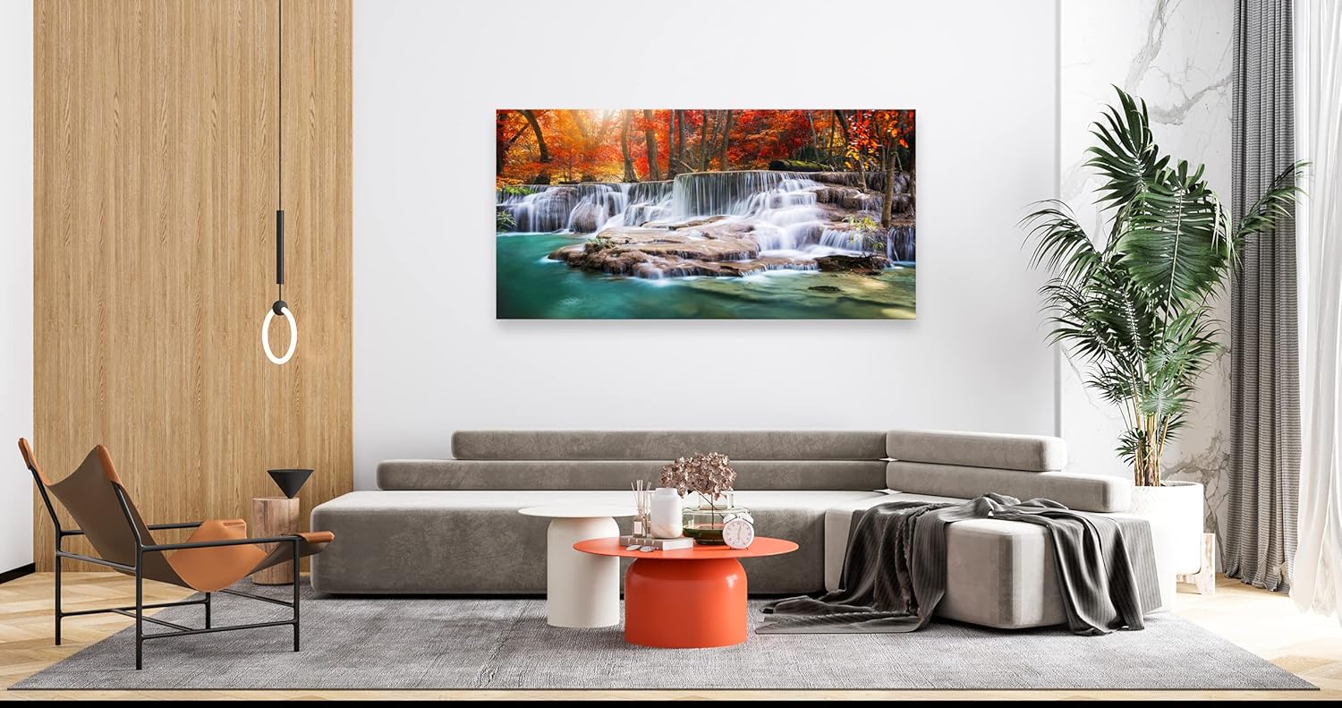 Framed canvas wall print featuring modern forest waterfall landscape with warm earth tones and red accents, ready to hang — view 2