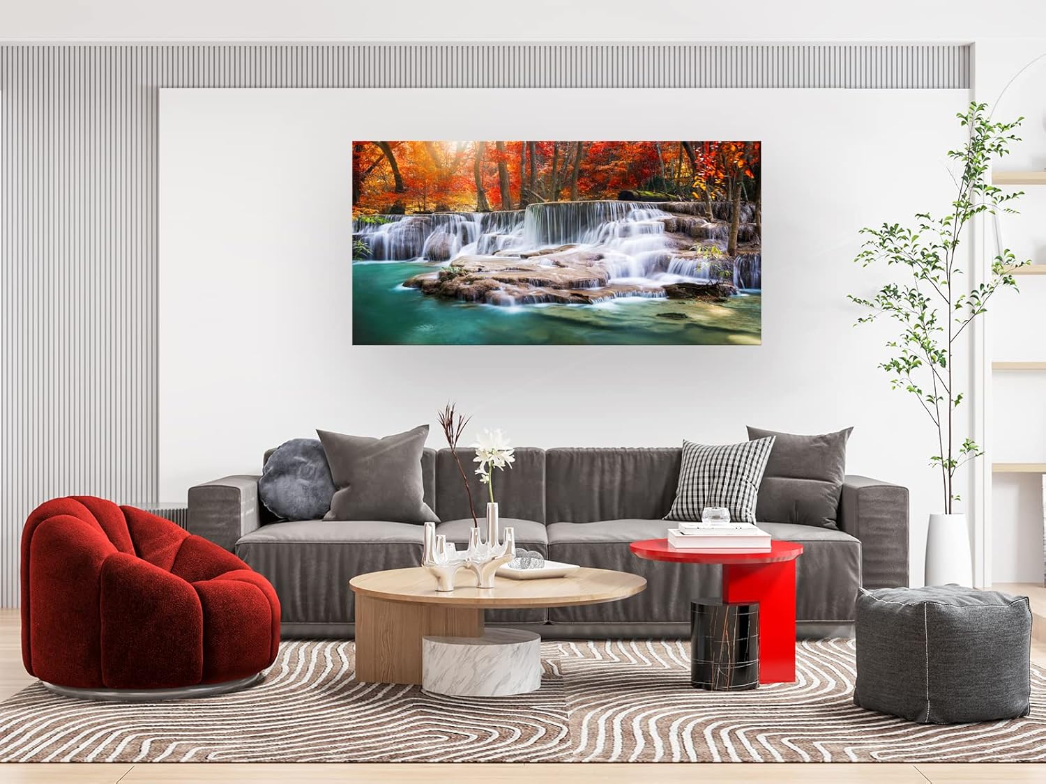 Framed canvas wall print featuring modern forest waterfall landscape with warm earth tones and red accents, ready to hang — view 3