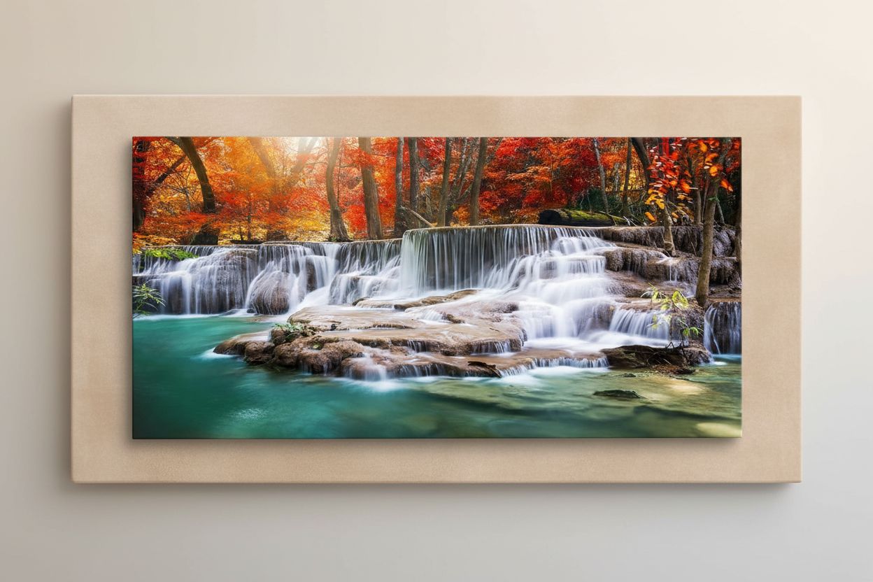 Framed canvas wall print featuring modern forest waterfall landscape with warm earth tones and red accents, ready to hang — hero view 1