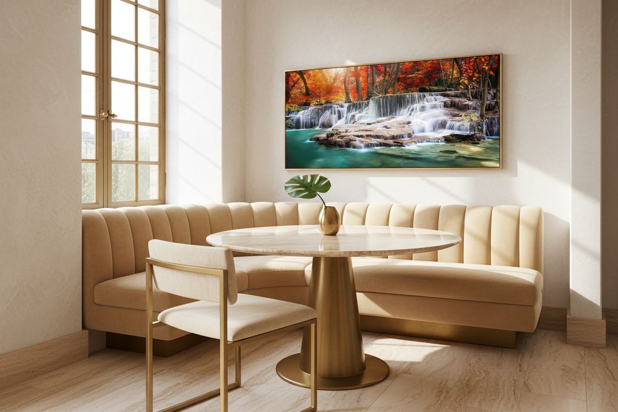 Framed canvas wall print featuring modern forest waterfall landscape with warm earth tones and red accents, ready to hang — view 5b
