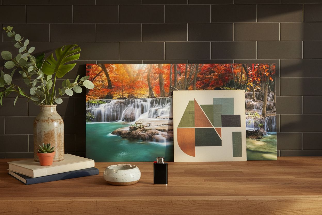 Framed canvas wall print featuring modern forest waterfall landscape with warm earth tones and red accents, ready to hang — view 3a