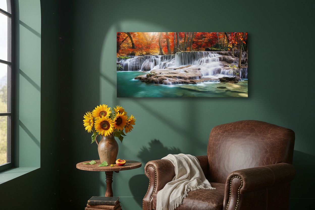 Framed canvas wall print featuring modern forest waterfall landscape with warm earth tones and red accents, ready to hang — view 4