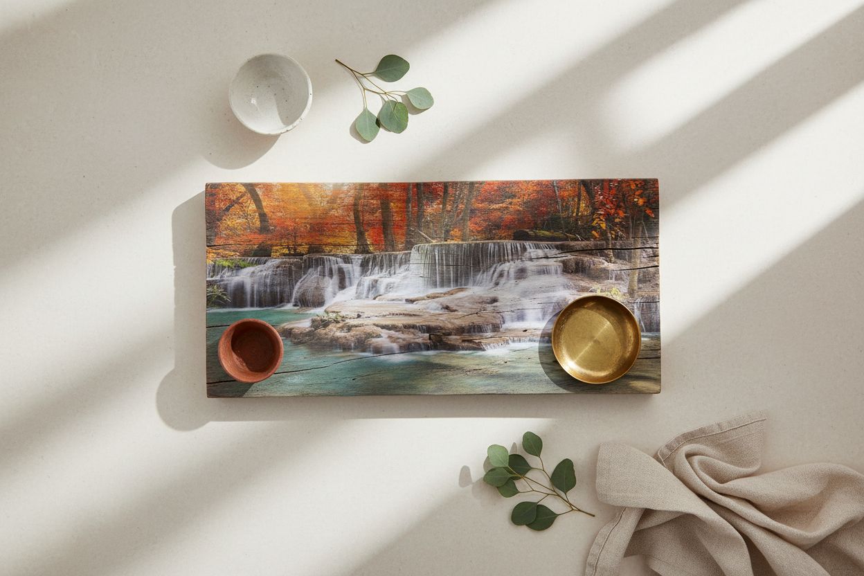 Framed canvas wall print featuring modern forest waterfall landscape with warm earth tones and red accents, ready to hang — hero view 2