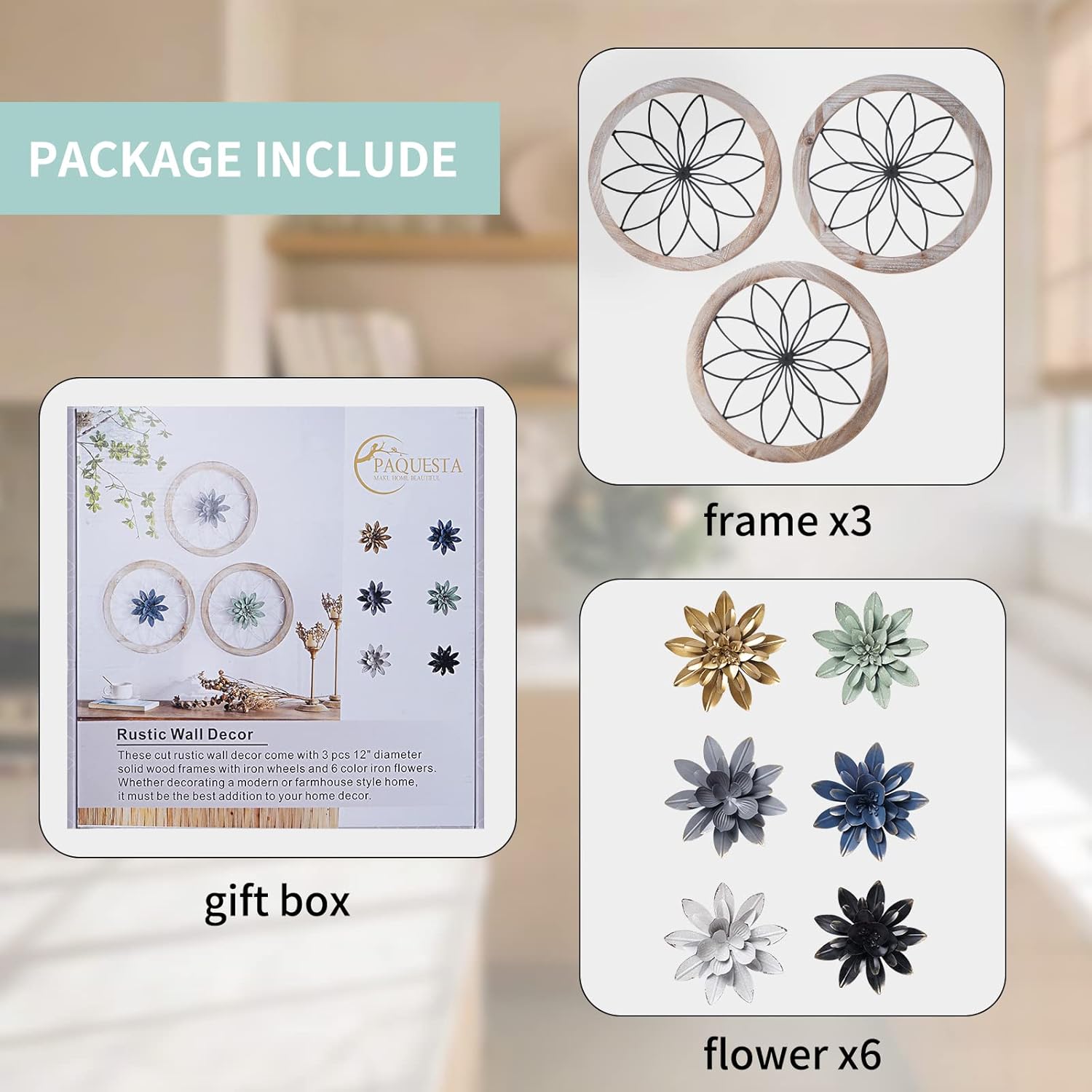 Round {color} wood and metal medallion wall art with interchangeable farmhouse design elements — view 3