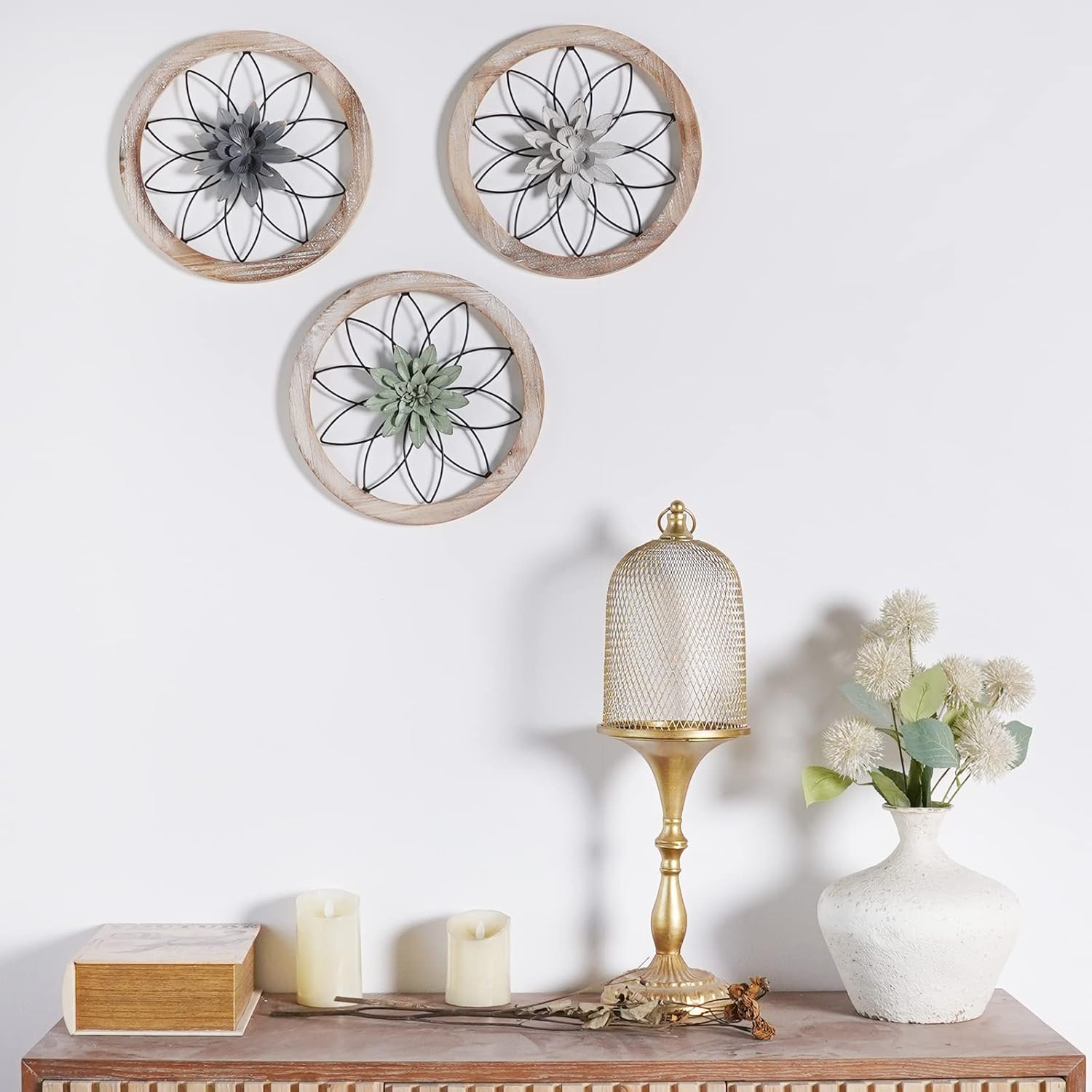 Round {color} wood and metal medallion wall art with interchangeable farmhouse design elements — view 4