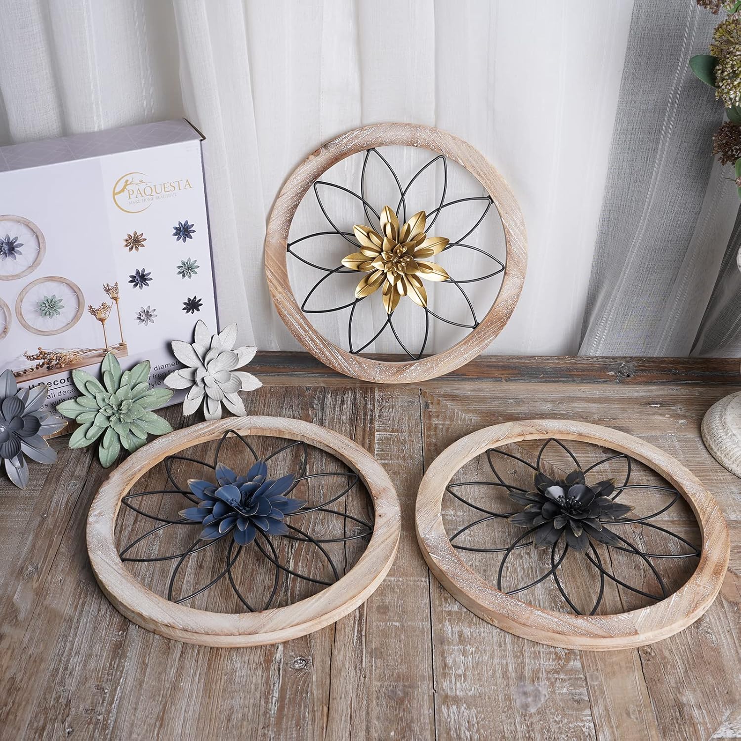 Round {color} wood and metal medallion wall art with interchangeable farmhouse design elements — view 3