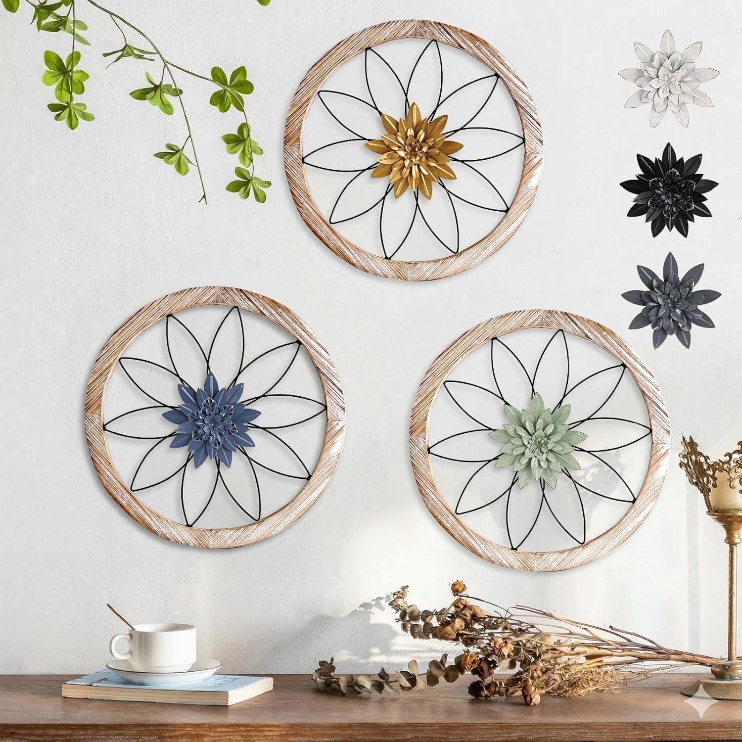 Round {color} wood and metal medallion wall art with interchangeable farmhouse design elements — view 5