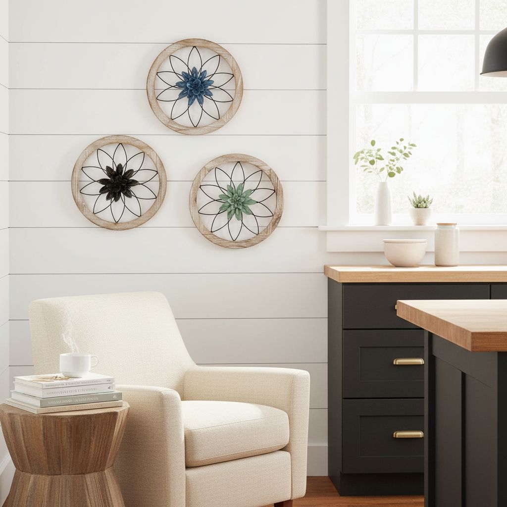 Round {color} wood and metal medallion wall art with interchangeable farmhouse design elements — view 5b