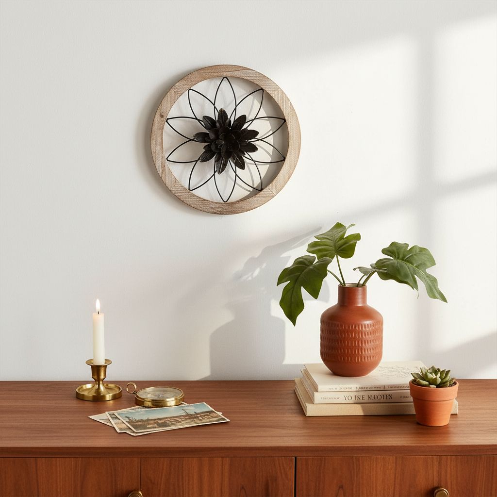 Round {color} wood and metal medallion wall art with interchangeable farmhouse design elements — view 3a