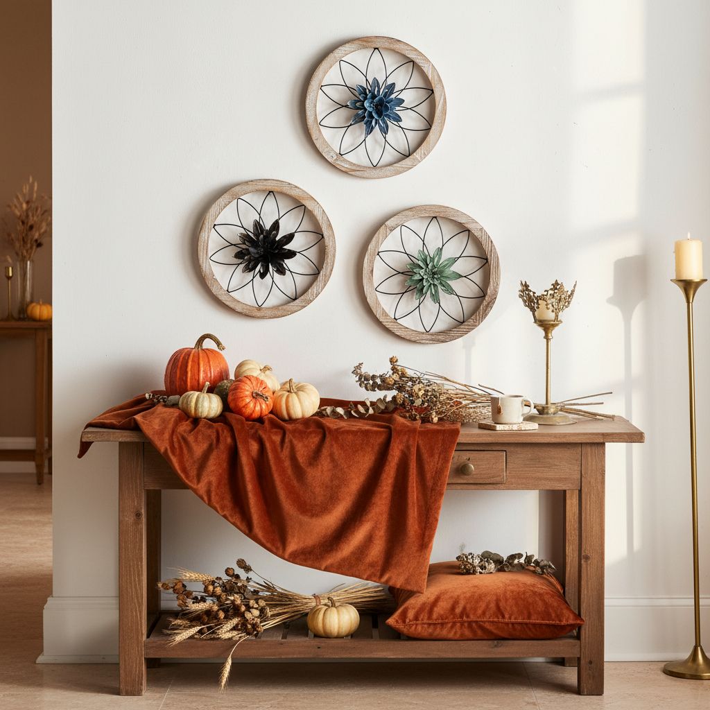 Round {color} wood and metal medallion wall art with interchangeable farmhouse design elements — view 4
