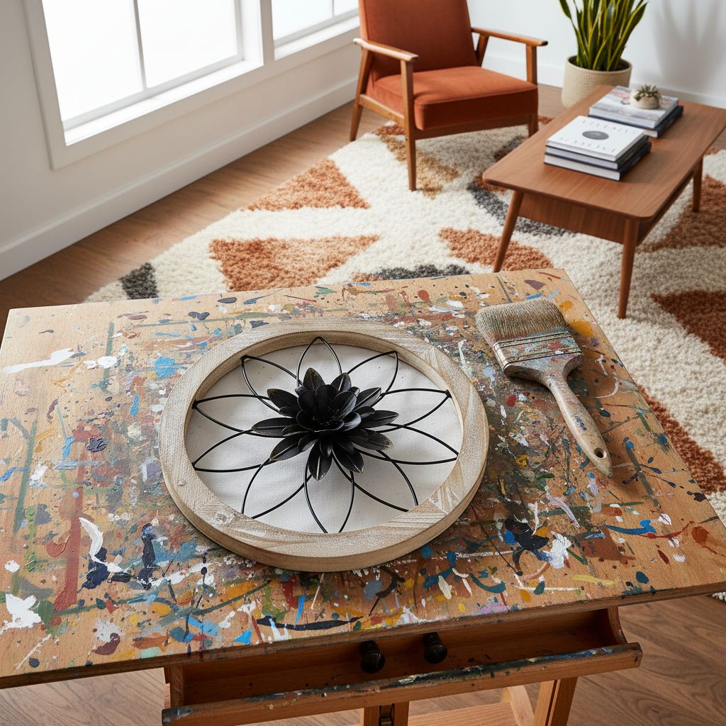 Round {color} wood and metal medallion wall art with interchangeable farmhouse design elements — view 5a