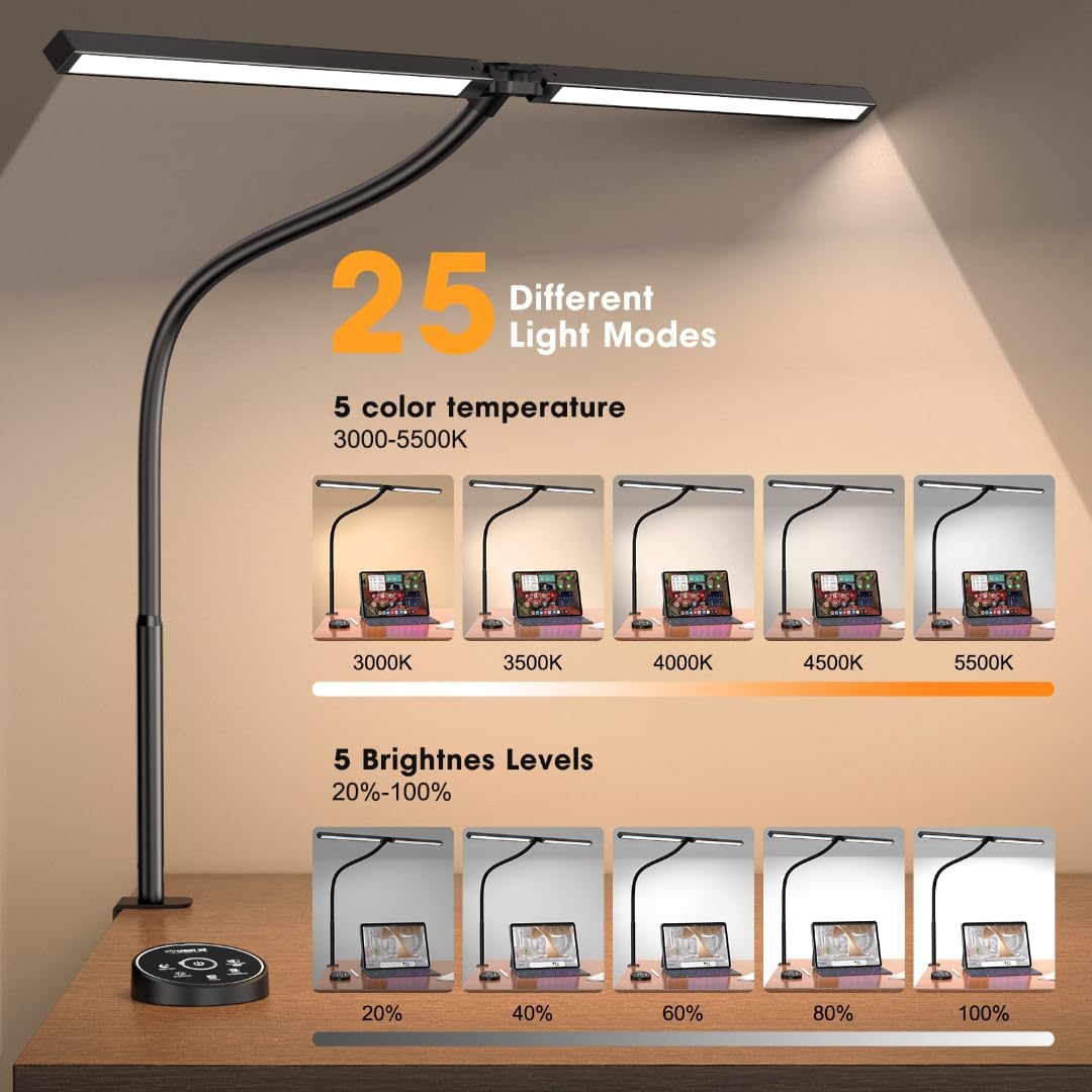 Black metal LED desk lamp with flexible gooseneck and clamp mount, cool white light, modern minimalist design for office workspace — view 3