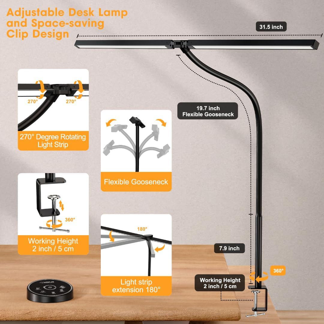 Black metal LED desk lamp with flexible gooseneck and clamp mount, cool white light, modern minimalist design for office workspace — view 2