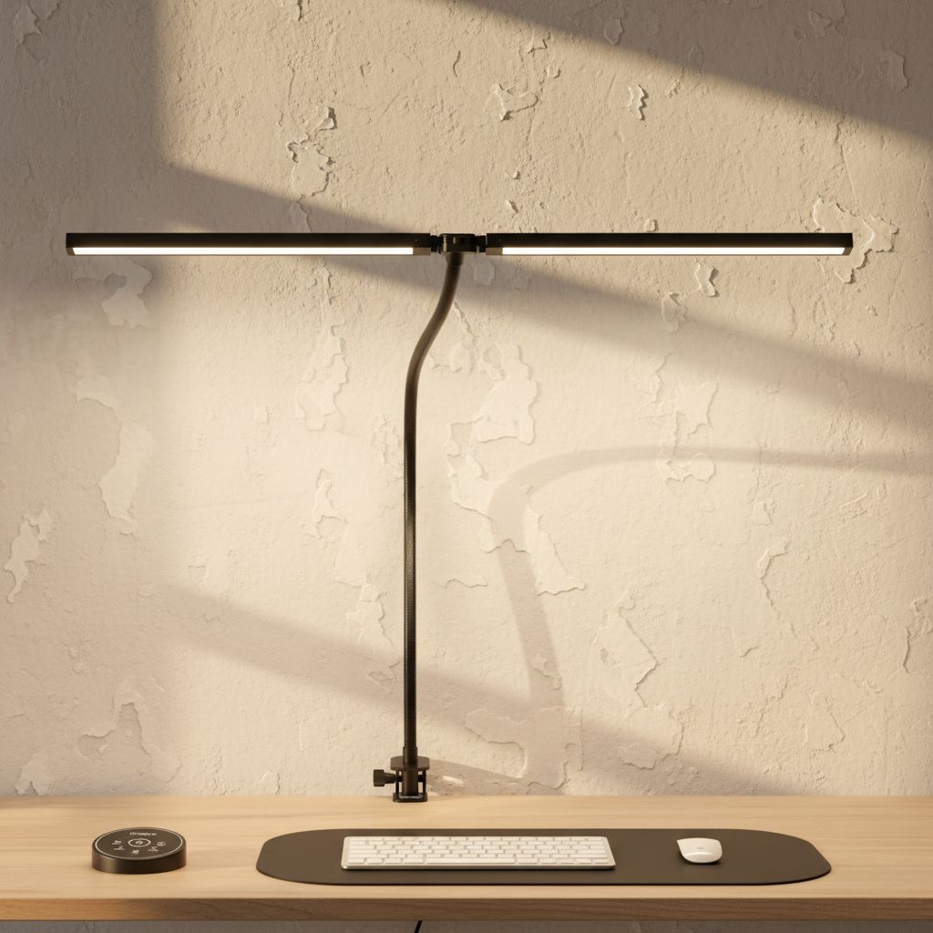 Black metal LED desk lamp with flexible gooseneck and clamp mount, cool white light, modern minimalist design for office workspace — hero view 1