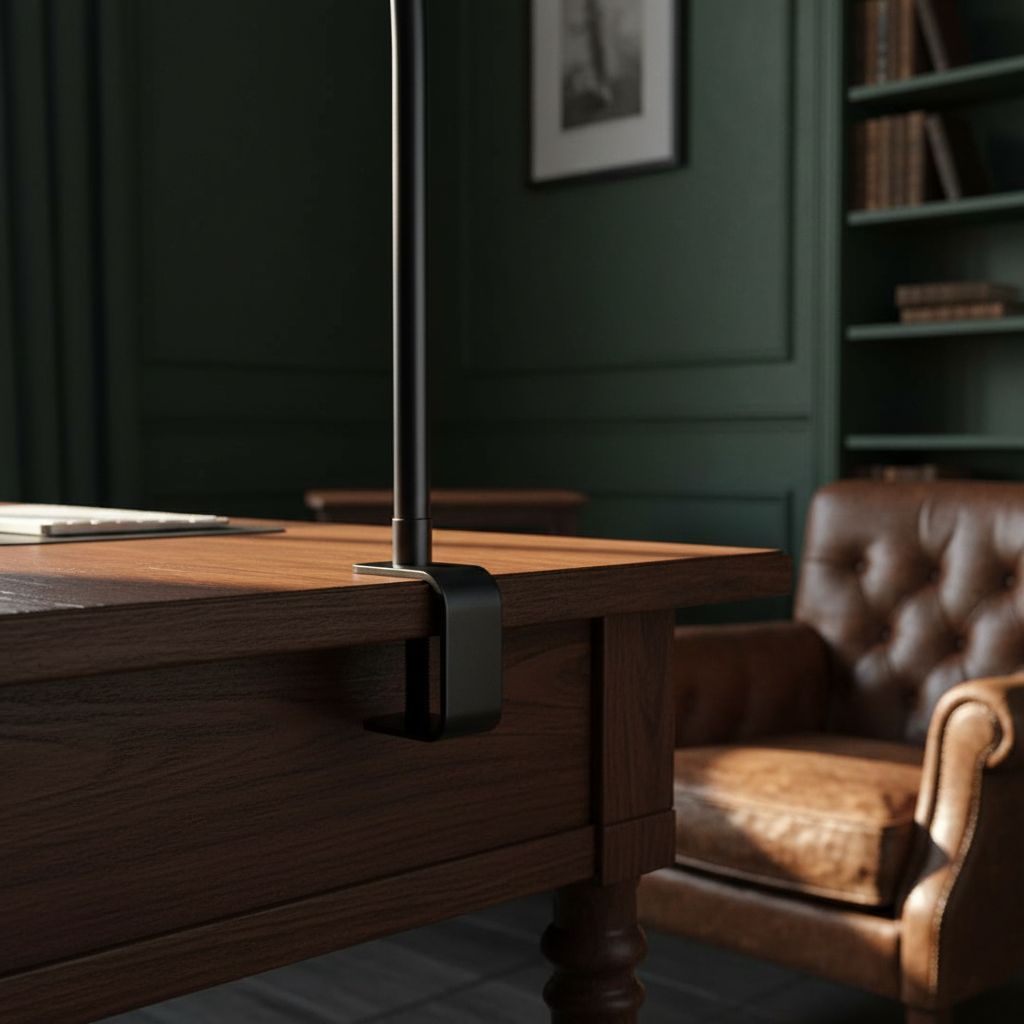 Black metal LED desk lamp with flexible gooseneck and clamp mount, cool white light, modern minimalist design for office workspace — view 7