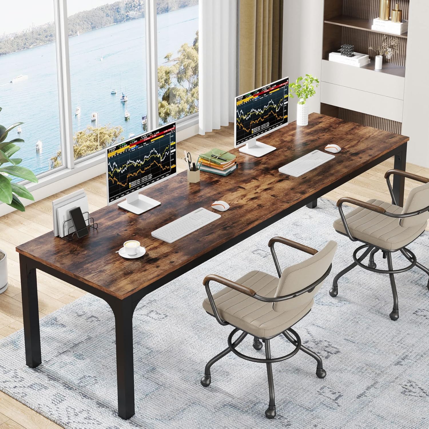 [Color] extra long computer desk with wood and metal frame, shown in [room setting] — view 1