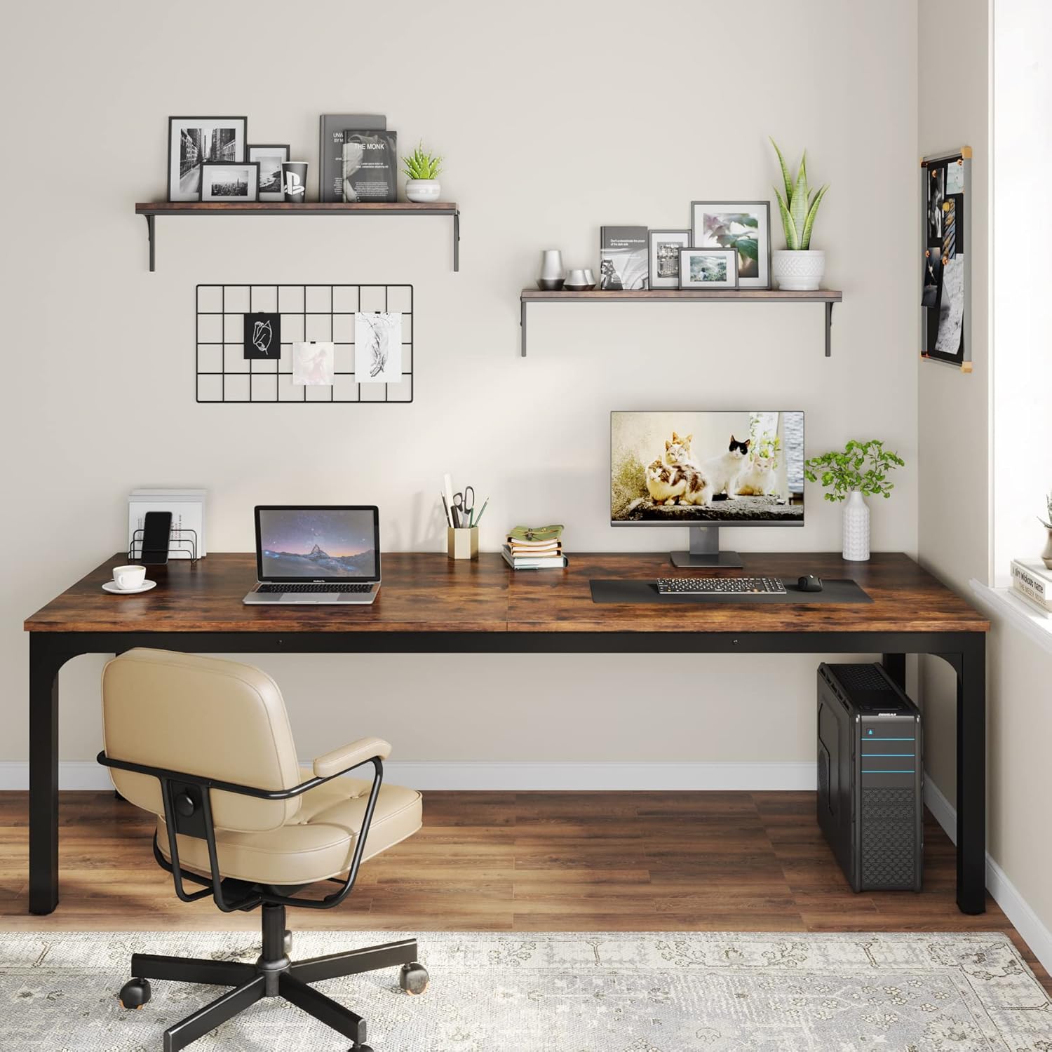 [Color] extra long computer desk with wood and metal frame, shown in [room setting] — view 3
