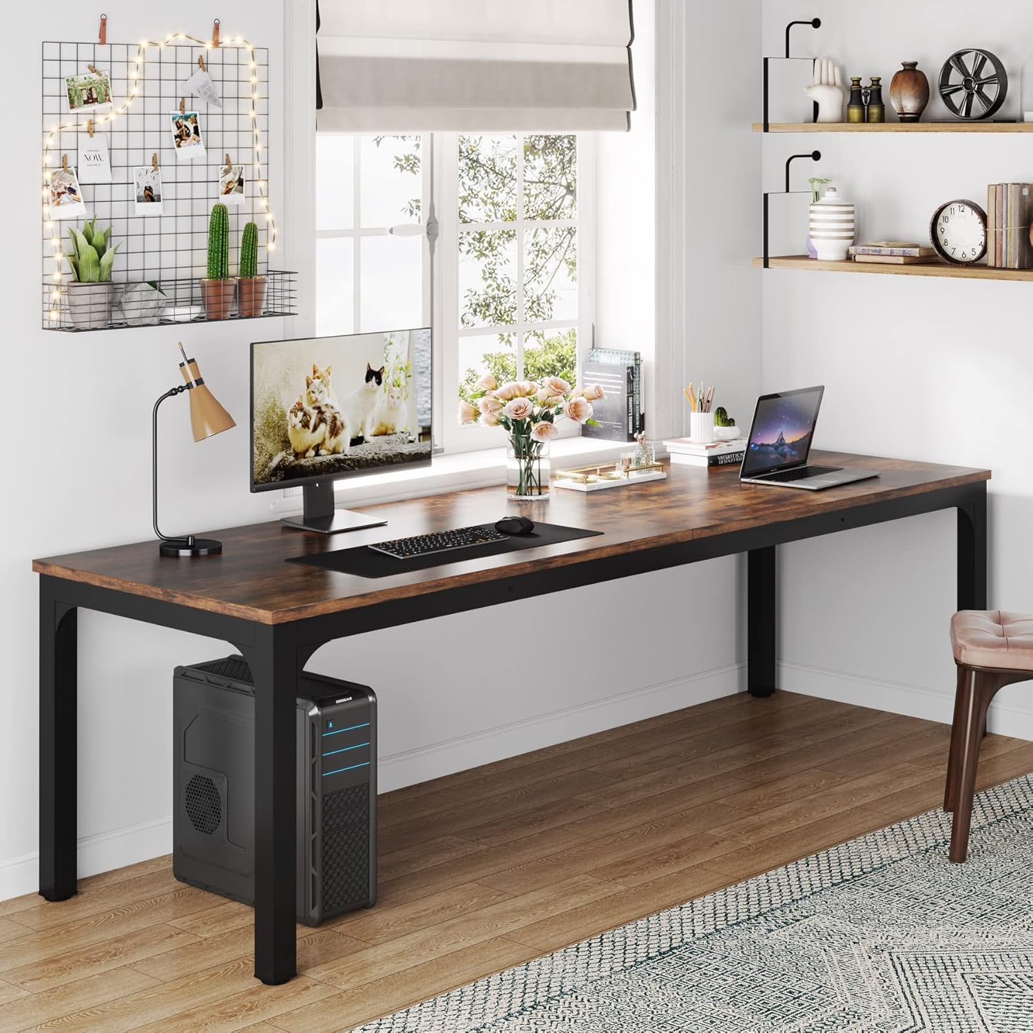 [Color] extra long computer desk with wood and metal frame, shown in [room setting] — view 4