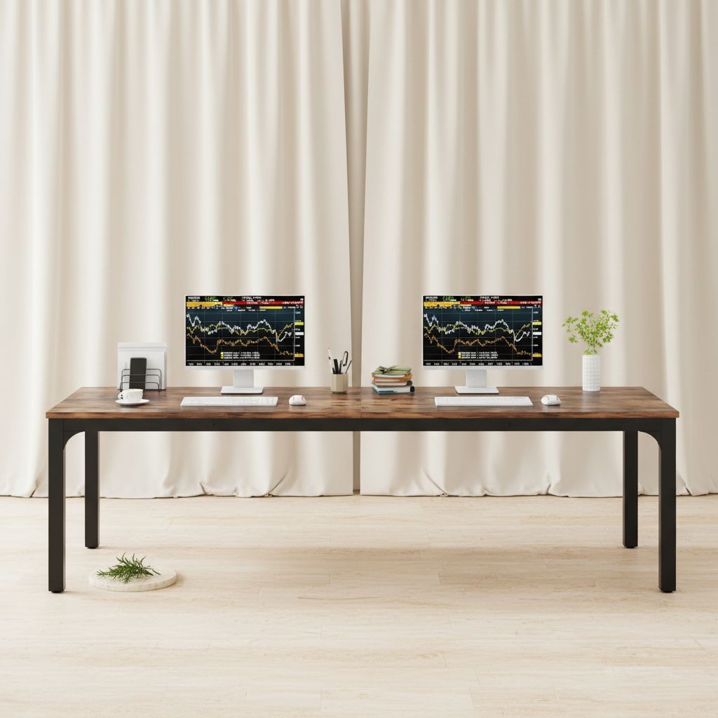 [Color] extra long computer desk with wood and metal frame, shown in [room setting] — hero view 1