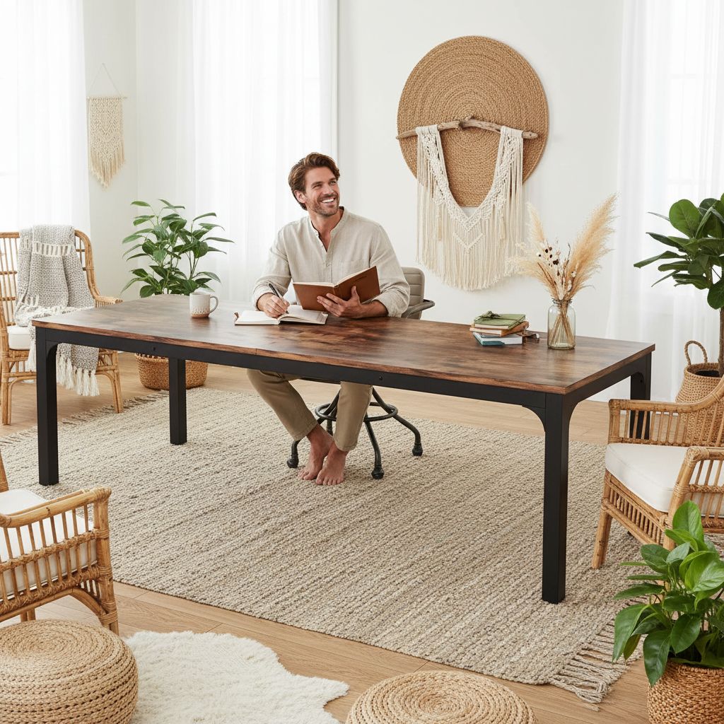 [Color] extra long computer desk with wood and metal frame, shown in [room setting] — view 3b