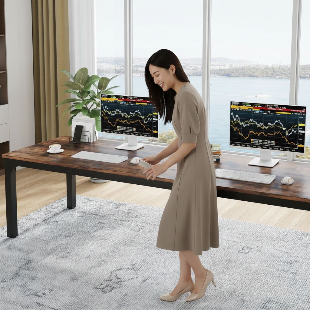 [Color] extra long computer desk with wood and metal frame, shown in [room setting] — view 2