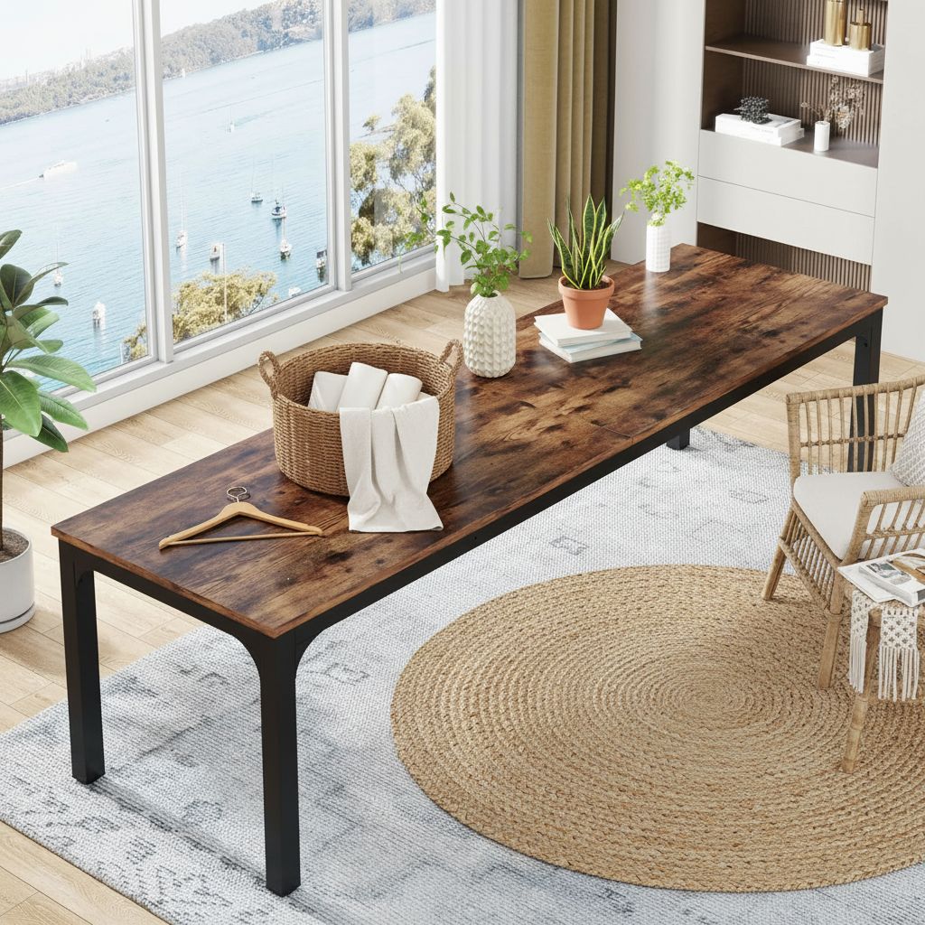 [Color] extra long computer desk with wood and metal frame, shown in [room setting] — view 3a