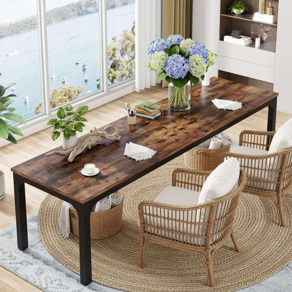 [Color] extra long computer desk with wood and metal frame, shown in [room setting] — view 4
