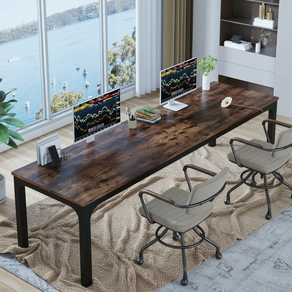 [Color] extra long computer desk with wood and metal frame, shown in [room setting] — view 5a