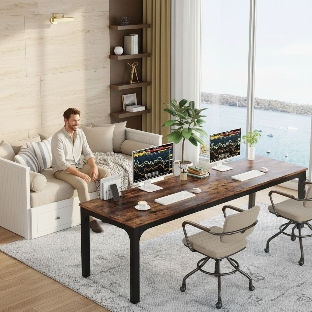 [Color] extra long computer desk with wood and metal frame, shown in [room setting] — view 6