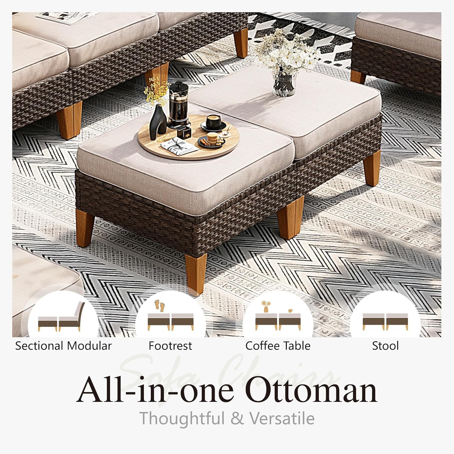 Beige wicker outdoor sectional sofa set with metal frame, featuring curved seating, armless chair, and ottoman on patio — view 3