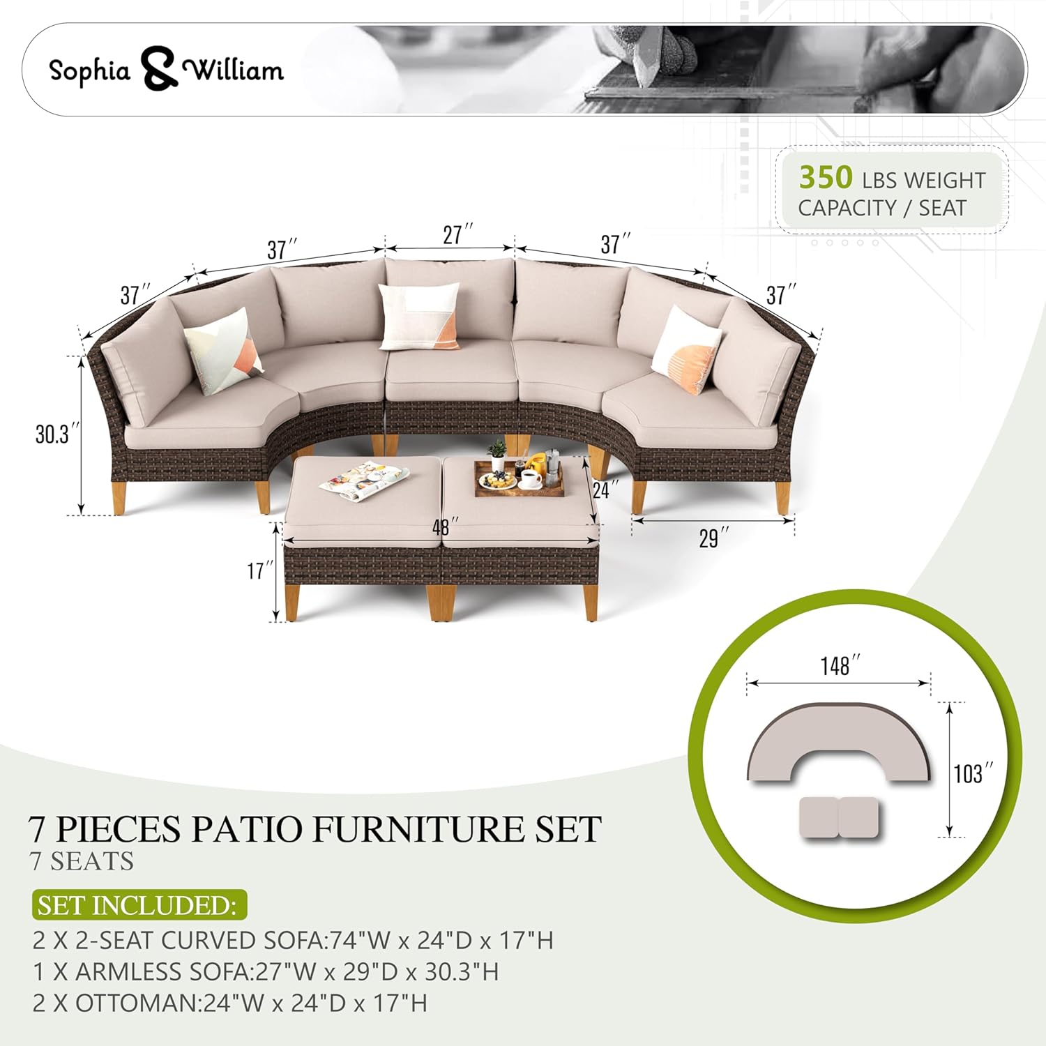 Beige wicker outdoor sectional sofa set with metal frame, featuring curved seating, armless chair, and ottoman on patio — view 4