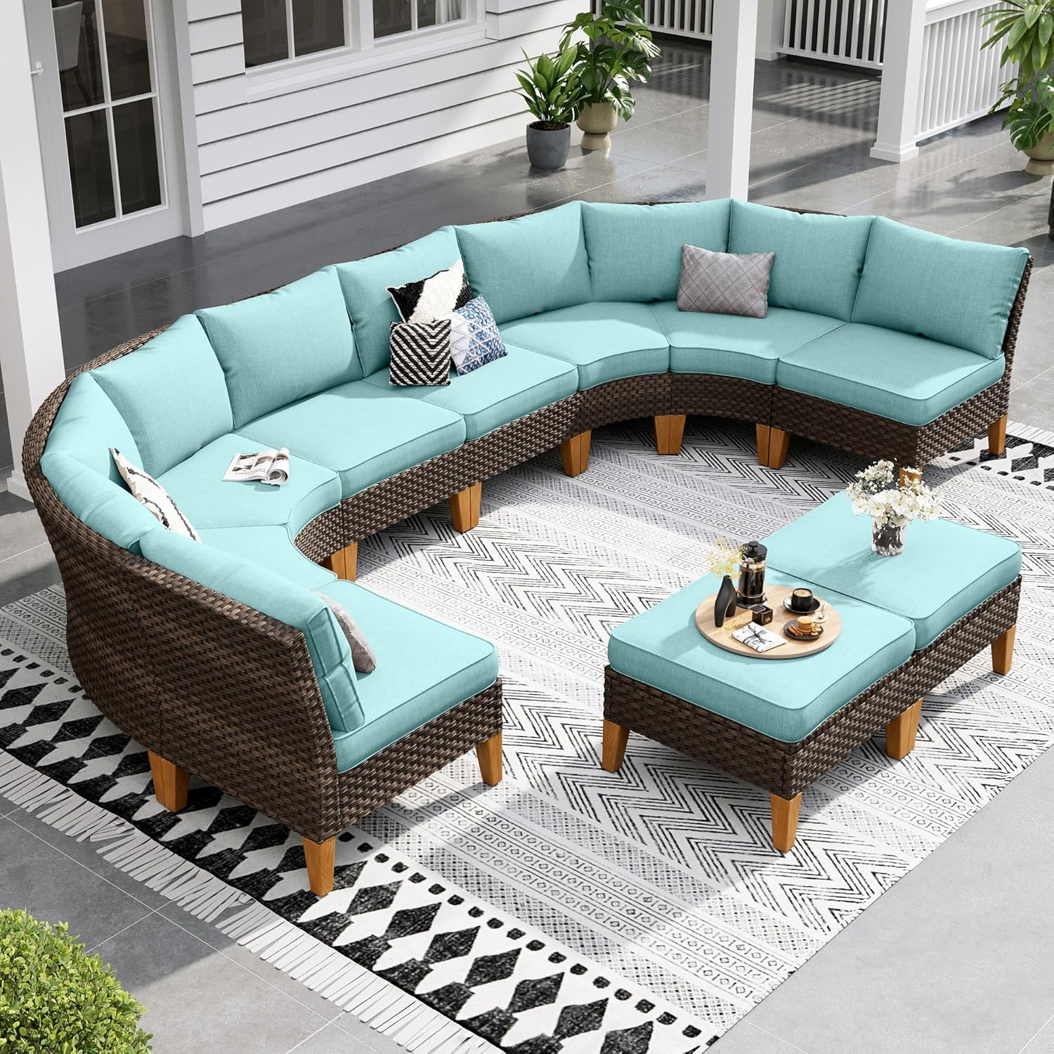 Beige wicker outdoor sectional sofa set with metal frame, featuring curved seating, armless chair, and ottoman on patio — view 5