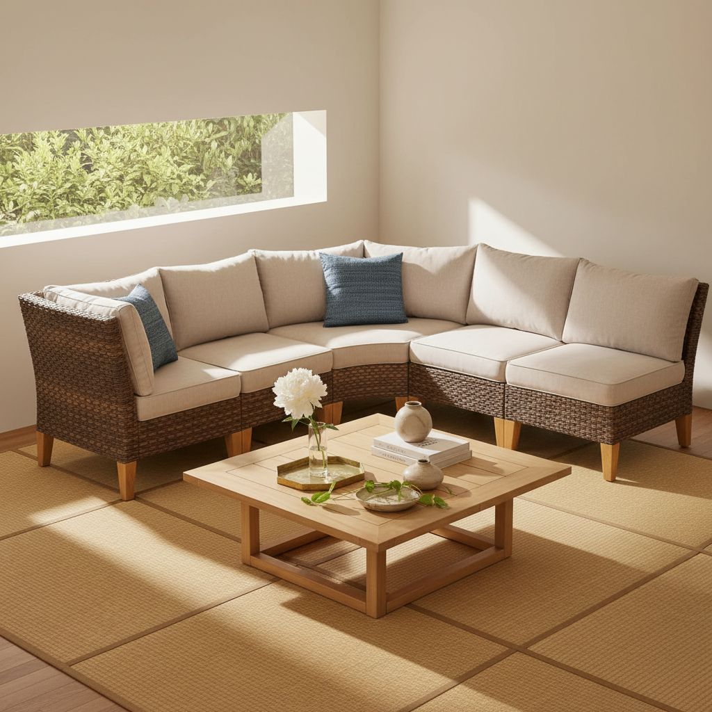 Beige wicker outdoor sectional sofa set with metal frame, featuring curved seating, armless chair, and ottoman on patio — view 3a