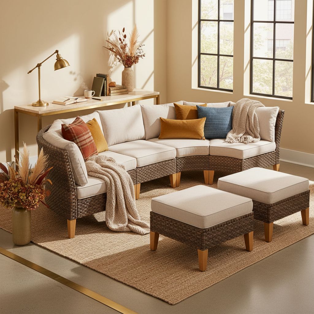 Beige wicker outdoor sectional sofa set with metal frame, featuring curved seating, armless chair, and ottoman on patio — view 4