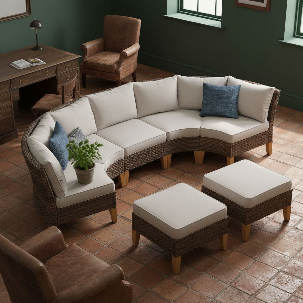 Beige wicker outdoor sectional sofa set with metal frame, featuring curved seating, armless chair, and ottoman on patio — view 5a