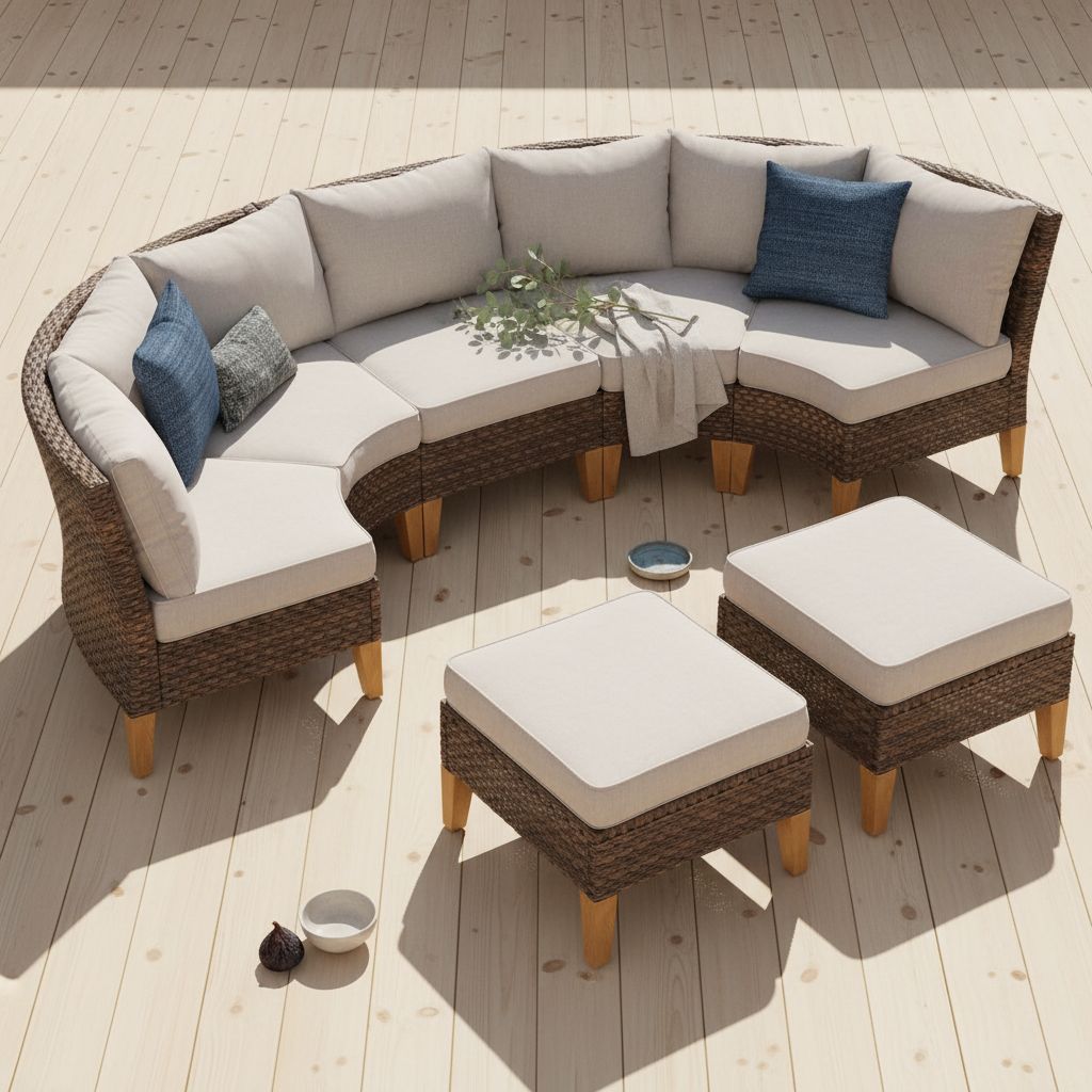 Beige wicker outdoor sectional sofa set with metal frame, featuring curved seating, armless chair, and ottoman on patio — hero view 2