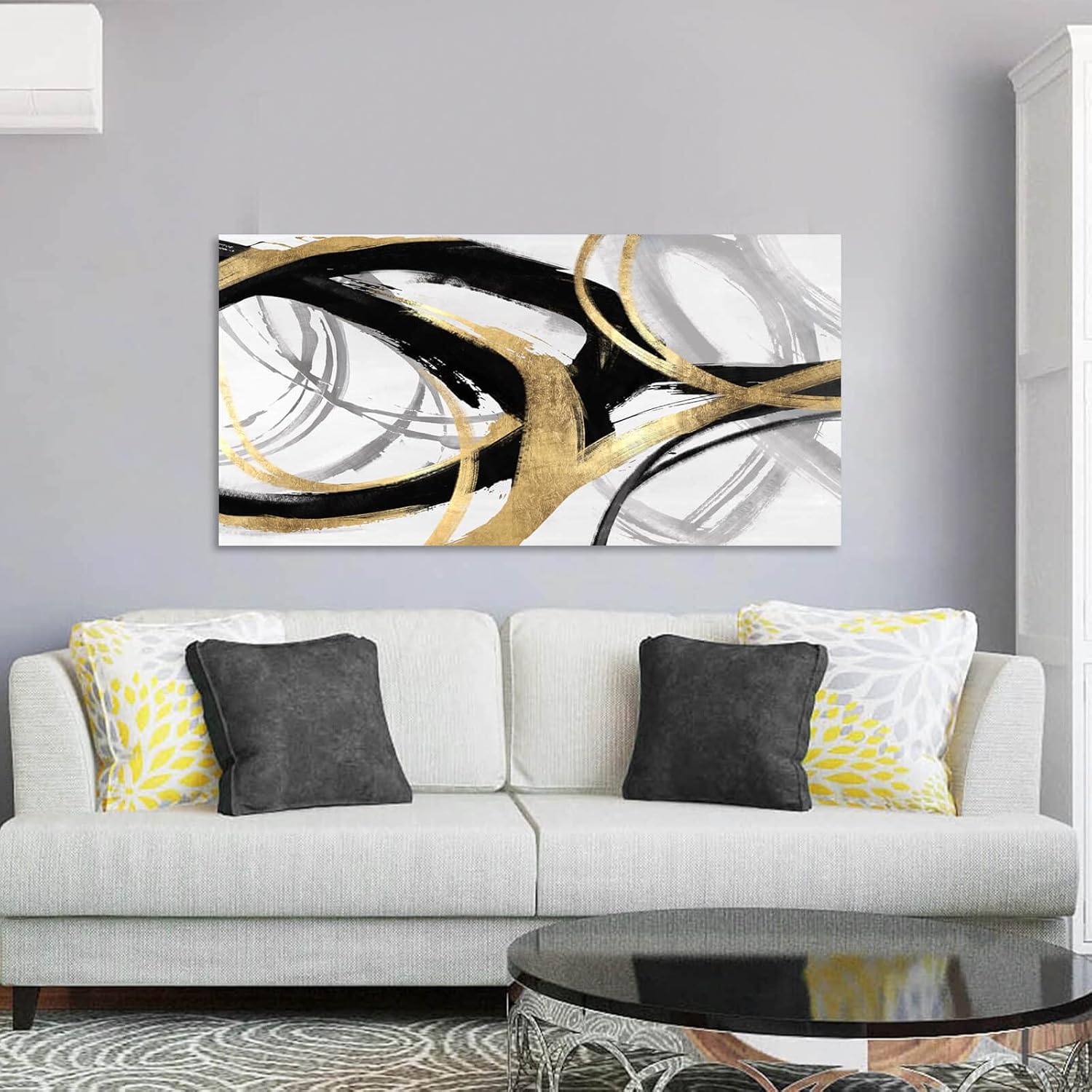 Black and white canvas print with gold foil accents, [dimensions], modern abstract design for [room type] — view 2